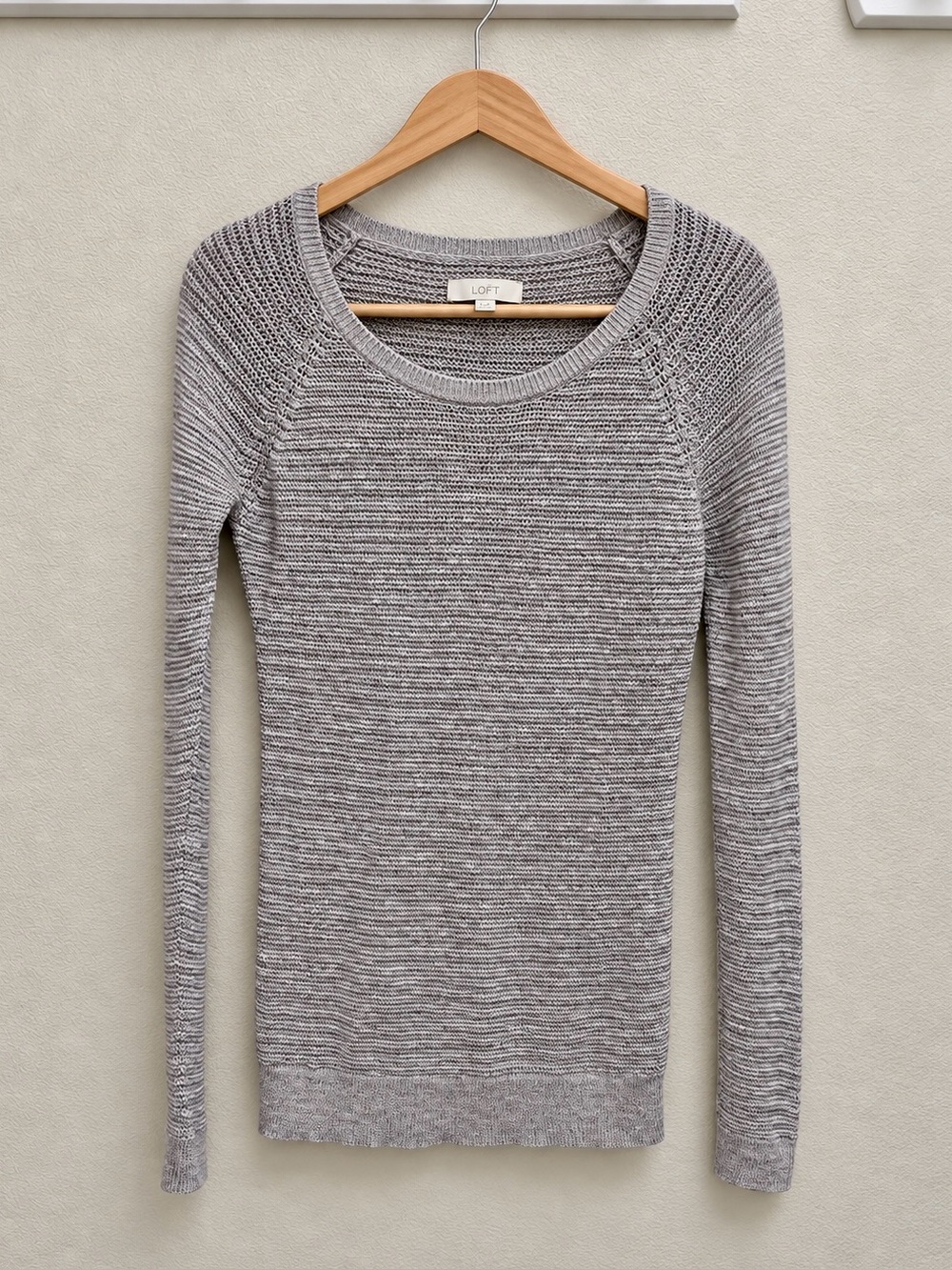 LOFT Medium Gray Beige Marled Open Knit Cotton Scoop Neck Sweater M